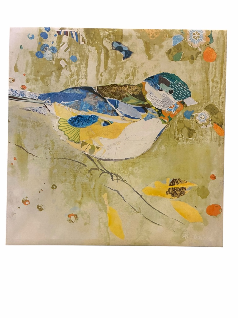 24x24” Mixed Media collage Bird Wall Art - Blue, Yellow & Green